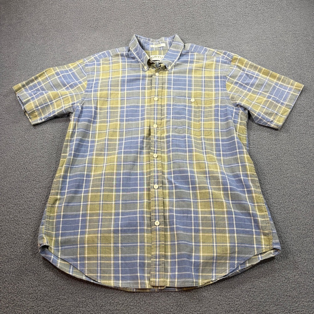 Orvis Button Down Shirt Mens XL Blue Green Plaid Short Sleeve Cotton MTC-2324
